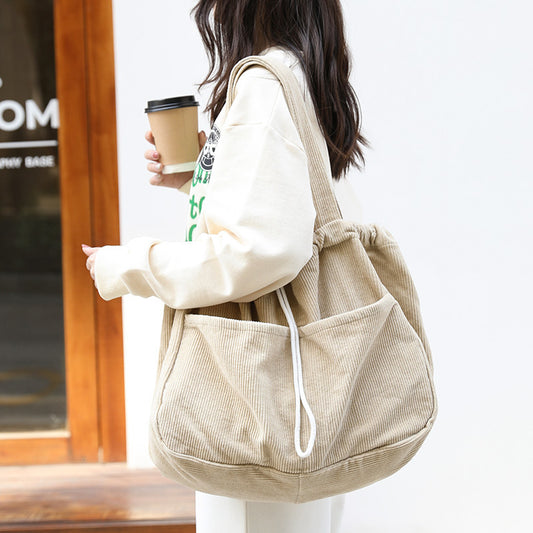 Ins Corduroy Shoulder Bags Drawstring Multi-pocket Handbag