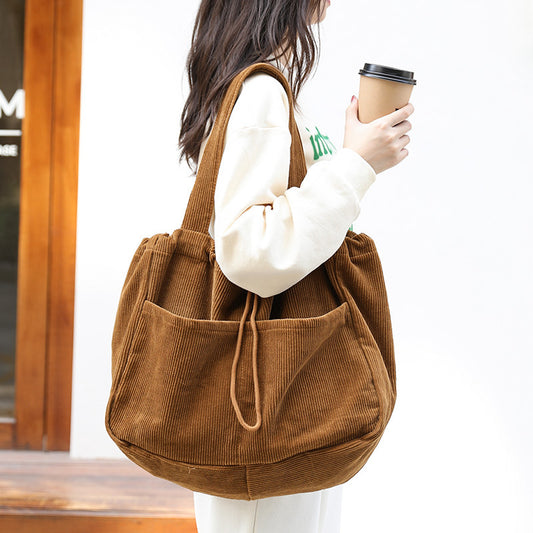 Ins Corduroy Shoulder Bags Drawstring Multi-pocket Handbag